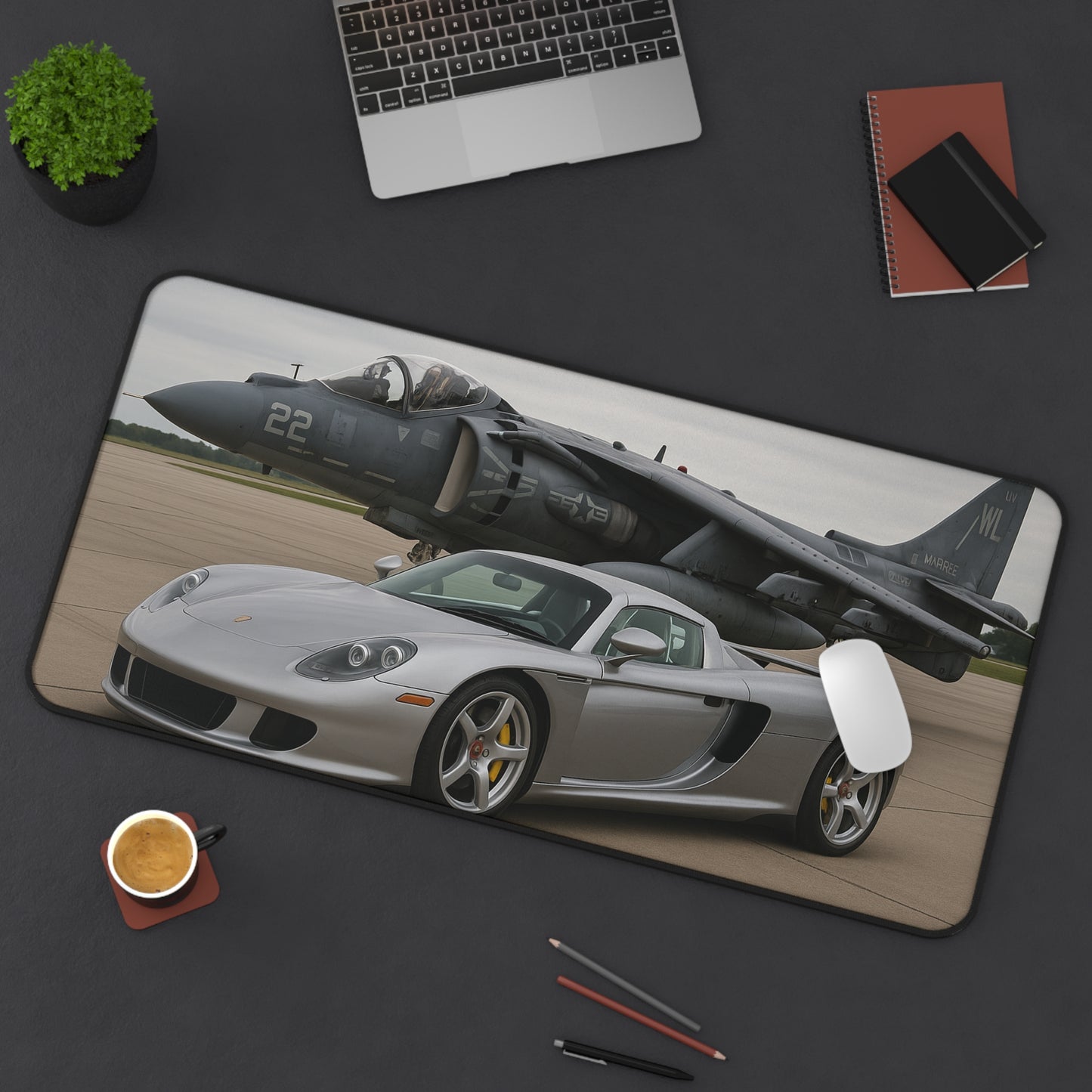 Grey Porsche Carrera GT With A AV-8B Harrier II Jet Desk Mat