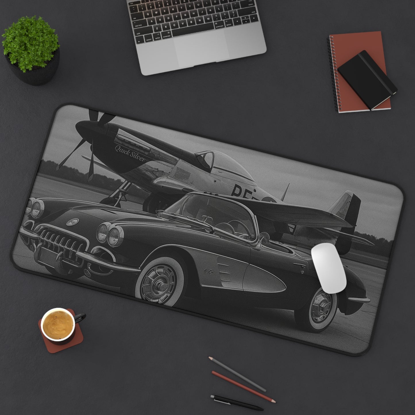 Black And White Corvette C1 And A P51 Mustang Desk Mat