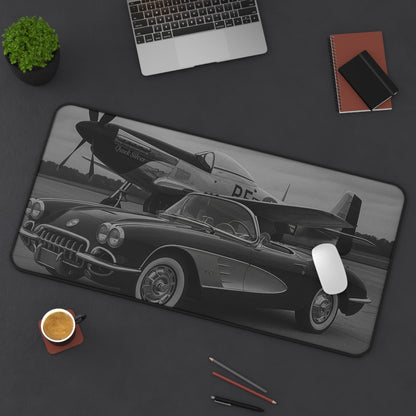 Black And White Corvette C1 And A P51 Mustang Desk Mat