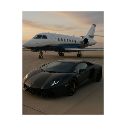 Black Lamborghini Aventador With A Privet Jet Poster
