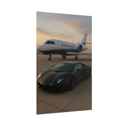 Black Lamborghini Aventador With A Privet Jet Poster