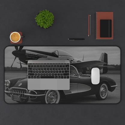 Black And White Corvette C1 And A P51 Mustang Desk Mat