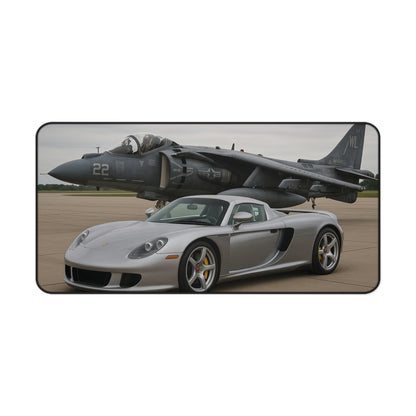 Grey Porsche Carrera GT With A AV-8B Harrier II Jet Desk Mat