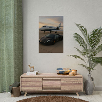 Black Lamborghini Aventador With A Privet Jet Poster