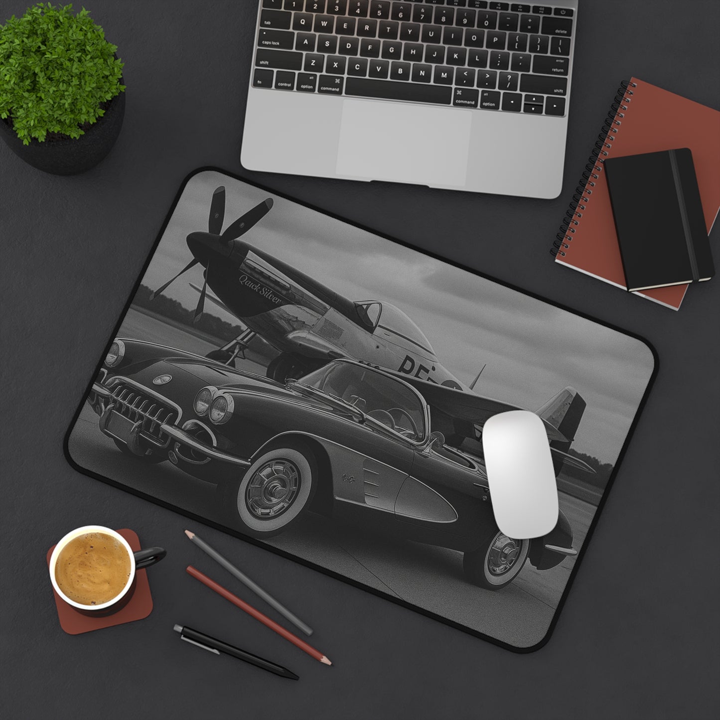 Black And White Corvette C1 And A P51 Mustang Desk Mat