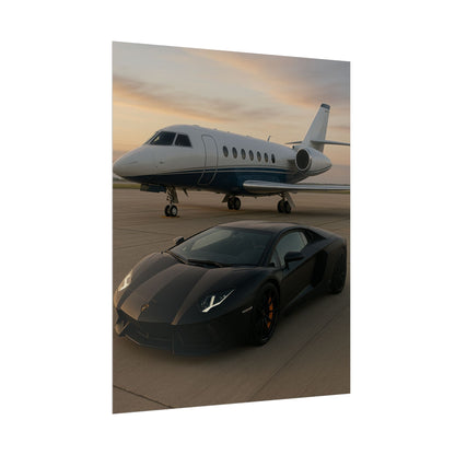 Black Lamborghini Aventador With A Privet Jet Poster