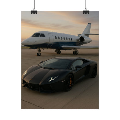Black Lamborghini Aventador With A Privet Jet Poster