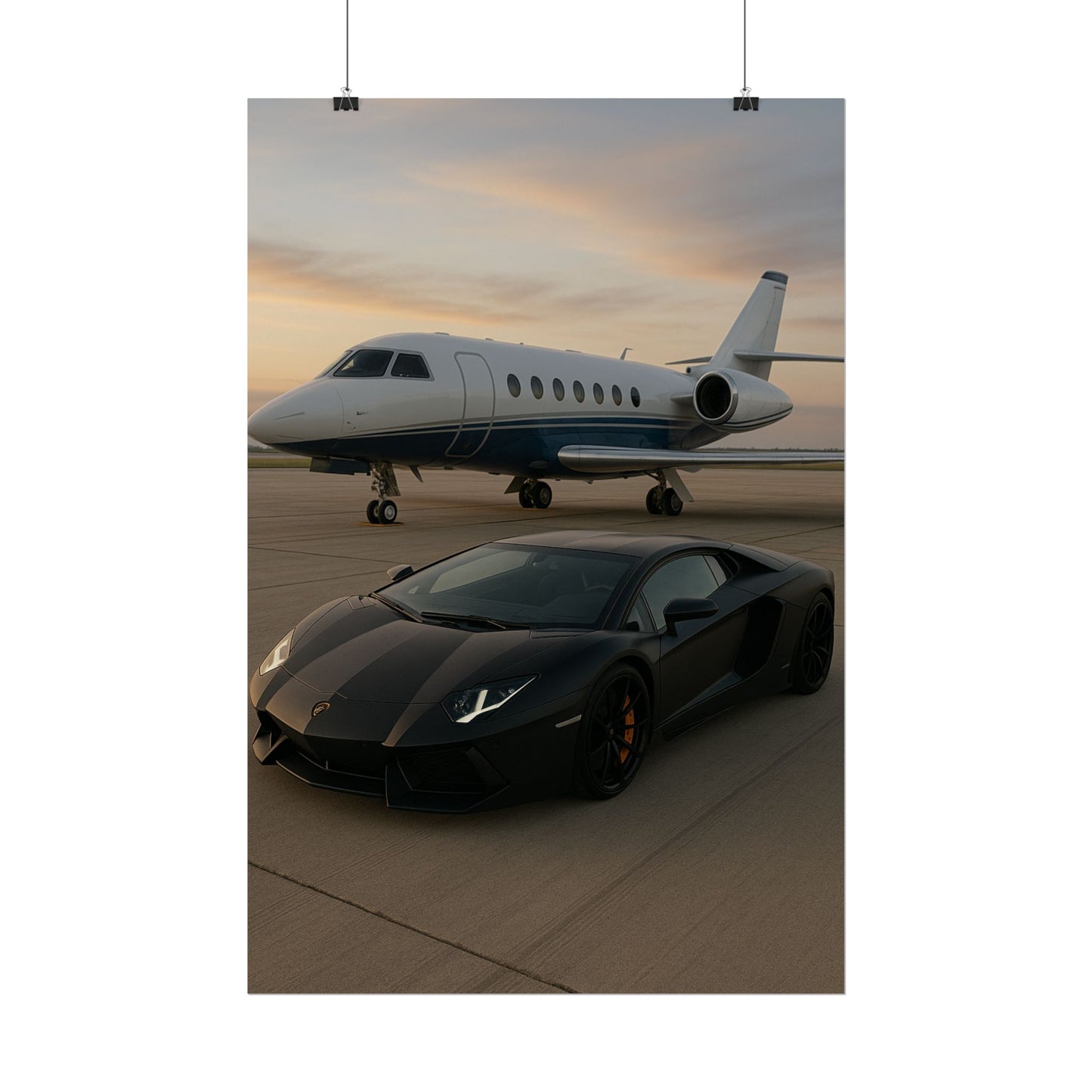 Black Lamborghini Aventador With A Privet Jet Poster