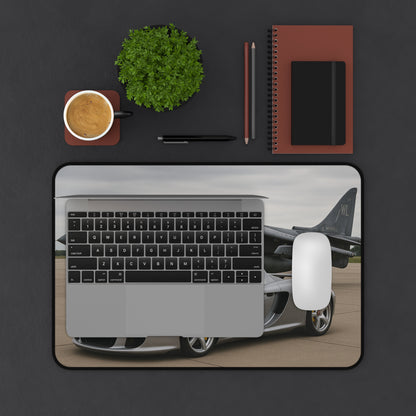 Grey Porsche Carrera GT With A AV-8B Harrier II Jet Desk Mat