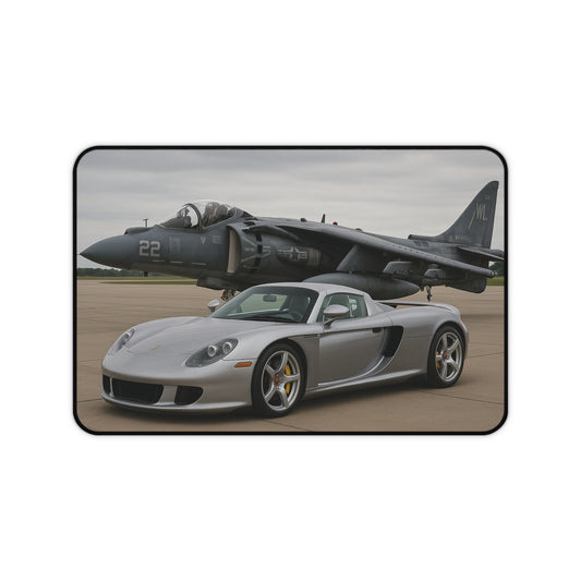Grey Porsche Carrera GT With A AV-8B Harrier II Jet Desk Mat