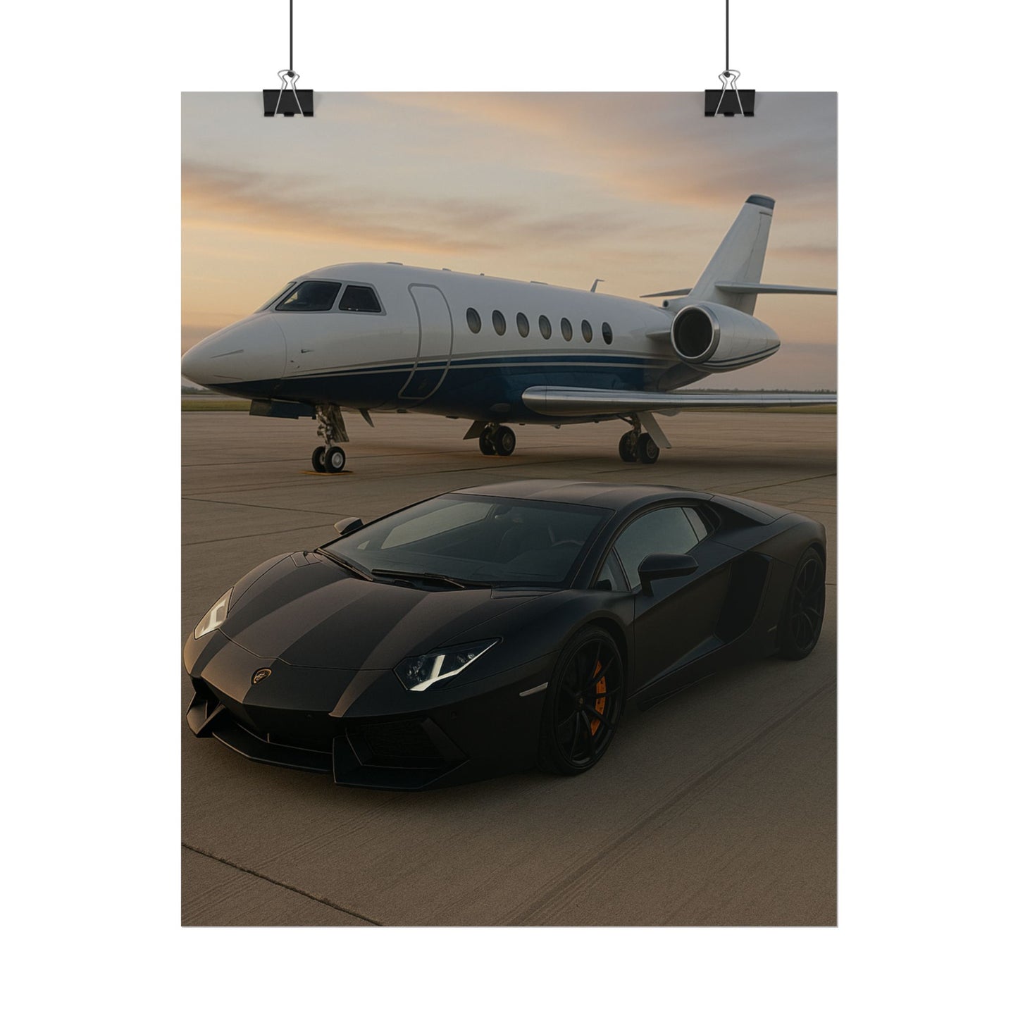 Black Lamborghini Aventador With A Privet Jet Poster