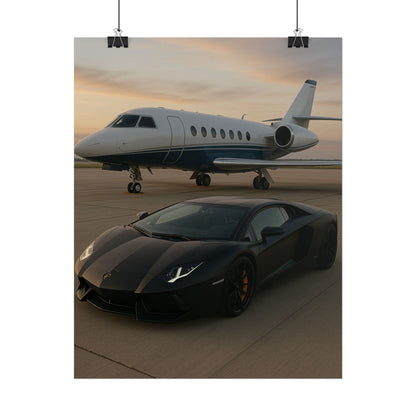 Black Lamborghini Aventador With A Privet Jet Poster