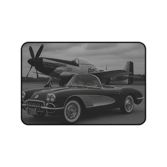 Black And White Corvette C1 And A P51 Mustang Desk Mat