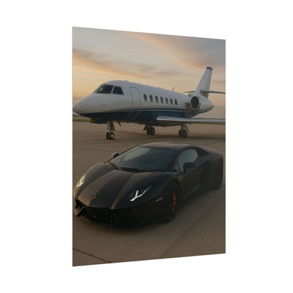 Black Lamborghini Aventador With A Privet Jet Poster