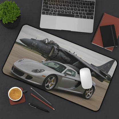 Grey Porsche Carrera GT With A AV-8B Harrier II Jet Desk Mat