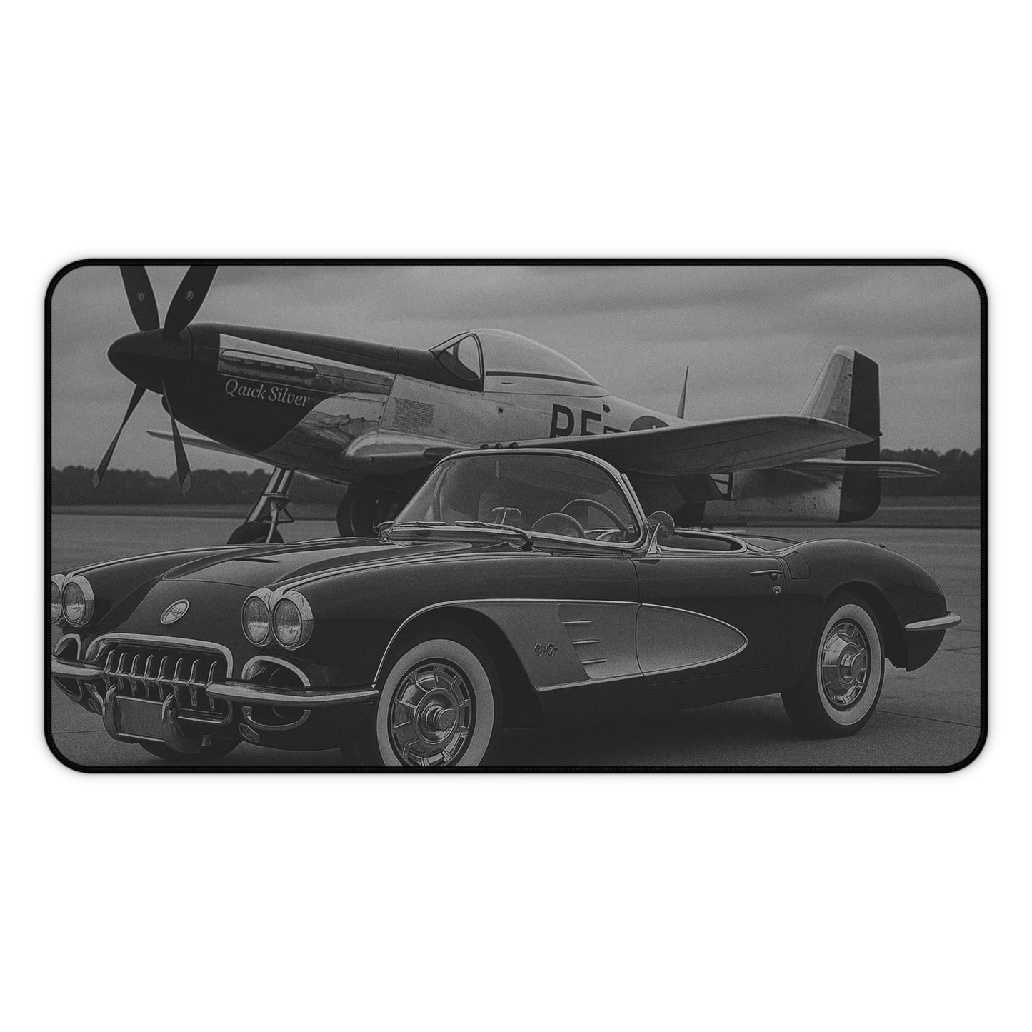 Black And White Corvette C1 And A P51 Mustang Desk Mat