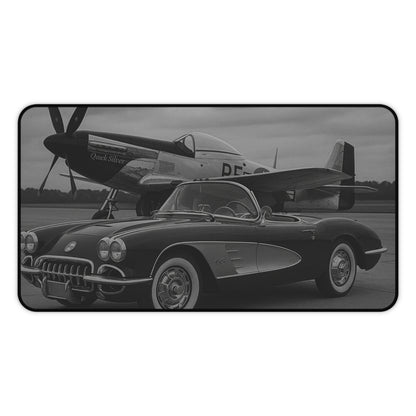 Black And White Corvette C1 And A P51 Mustang Desk Mat