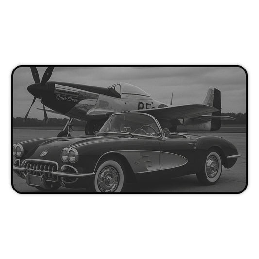 Black And White Corvette C1 And A P51 Mustang Desk Mat