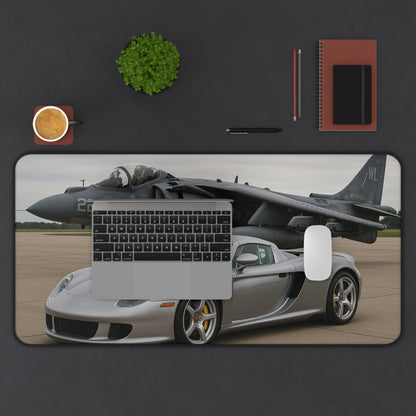 Grey Porsche Carrera GT With A AV-8B Harrier II Jet Desk Mat