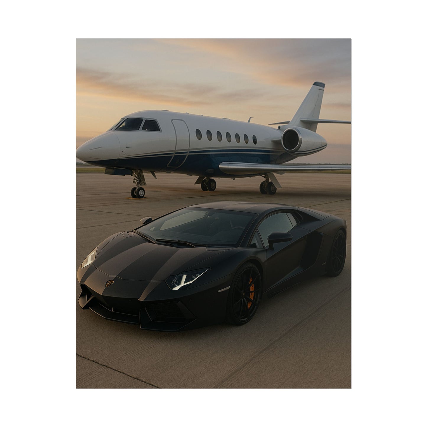 Black Lamborghini Aventador With A Privet Jet Poster