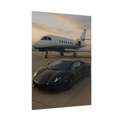 Black Lamborghini Aventador With A Privet Jet Poster