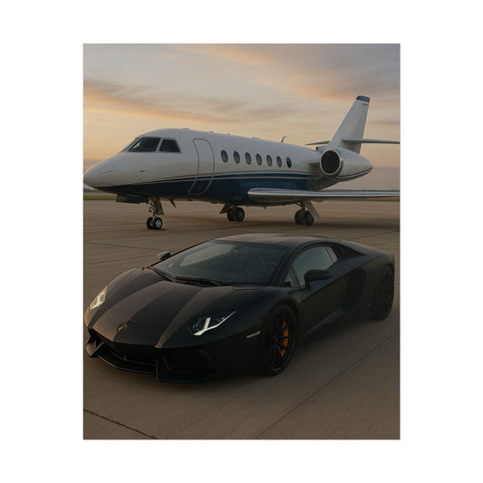 Black Lamborghini Aventador With A Privet Jet Poster