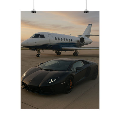 Black Lamborghini Aventador With A Privet Jet Poster