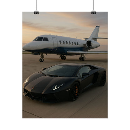 Black Lamborghini Aventador With A Privet Jet Poster
