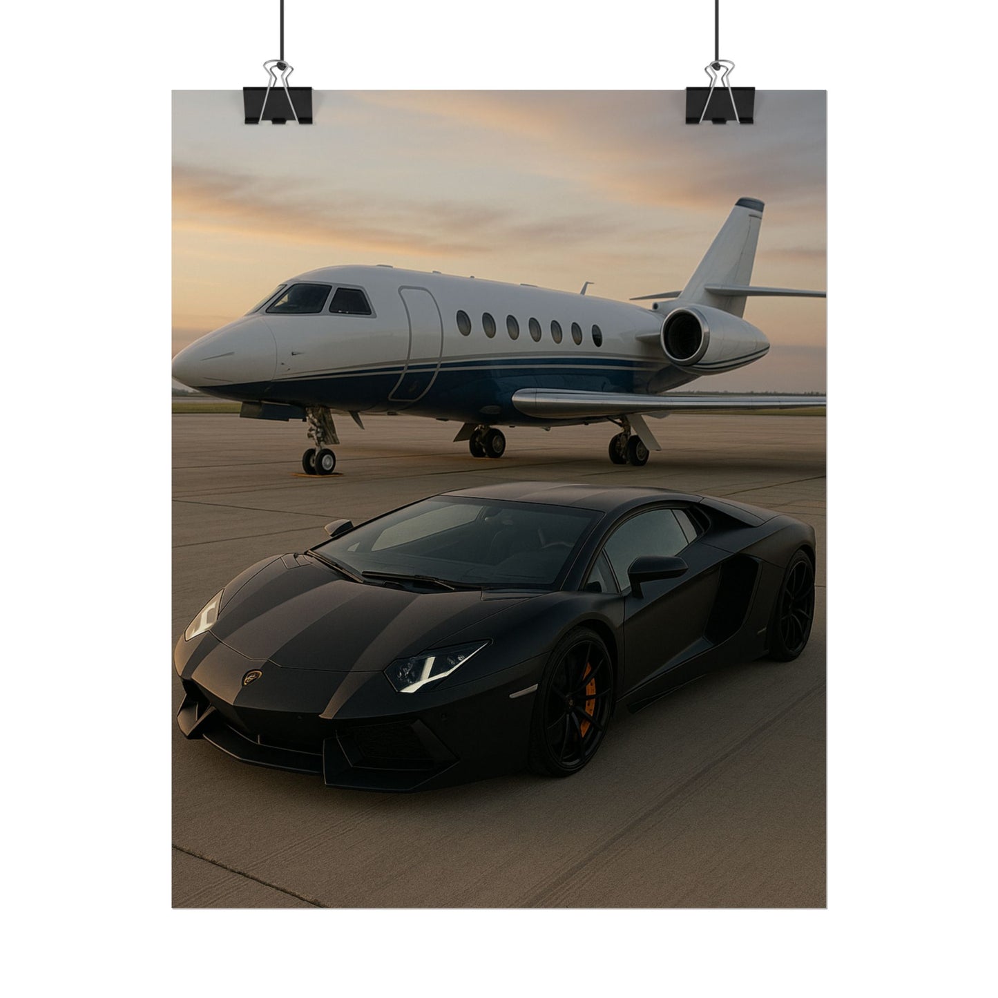 Black Lamborghini Aventador With A Privet Jet Poster