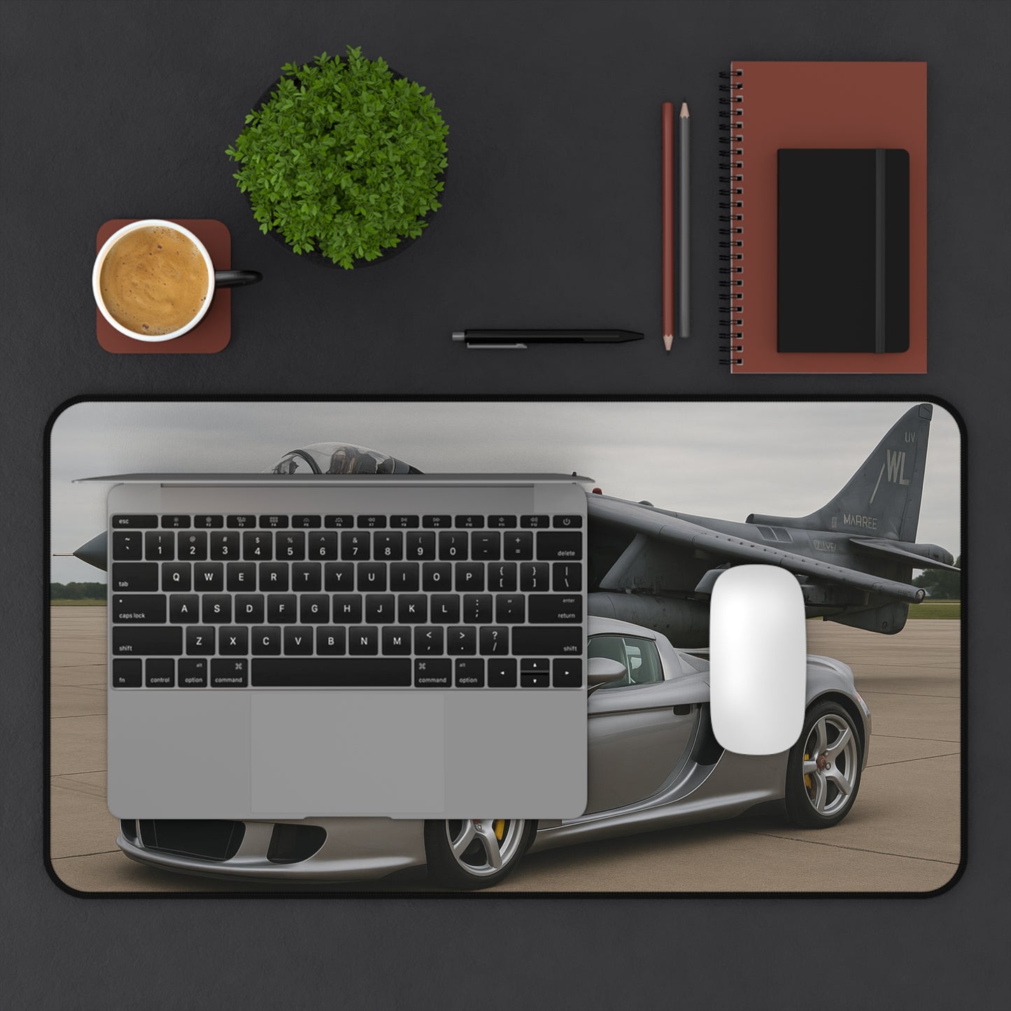 Grey Porsche Carrera GT With A AV-8B Harrier II Jet Desk Mat
