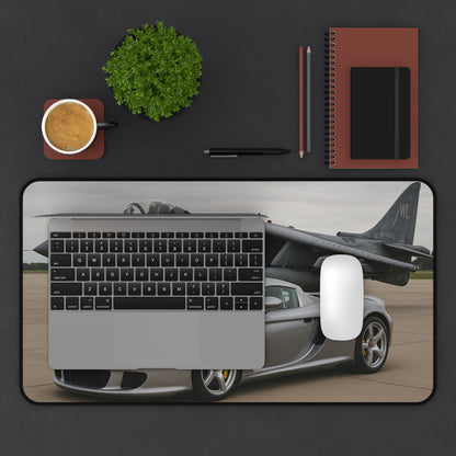Grey Porsche Carrera GT With A AV-8B Harrier II Jet Desk Mat