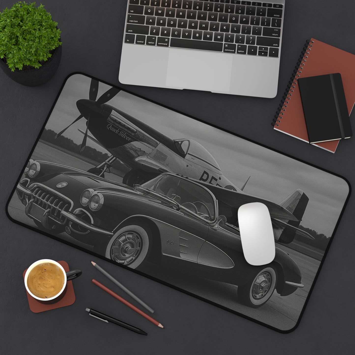 Black And White Corvette C1 And A P51 Mustang Desk Mat