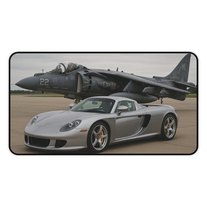 Grey Porsche Carrera GT With A AV-8B Harrier II Jet Desk Mat